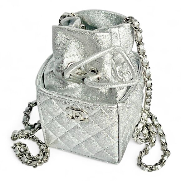 CHANEL Mini Shoulder Quilted Chain Bag Bucket Square *FULL SET Box Dust Bag Tags - Picture 7 of 12